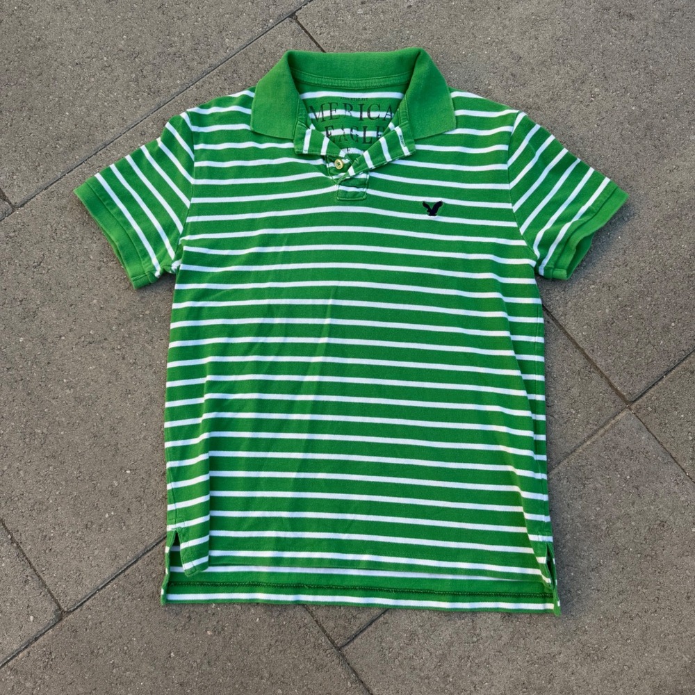 American Eagle Mens Medium Green White Striped Athletic Fit Polo Shirt